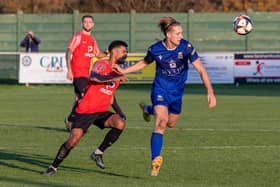 Baffins Milton Rovers striker Tom Vincent, right, was sent off following an incident where he received serious facial injuries. Picture: Mike Cooter