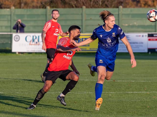 Baffins Milton Rovers striker Tom Vincent, right, was sent off following an incident where he received serious facial injuries. Picture: Mike Cooter