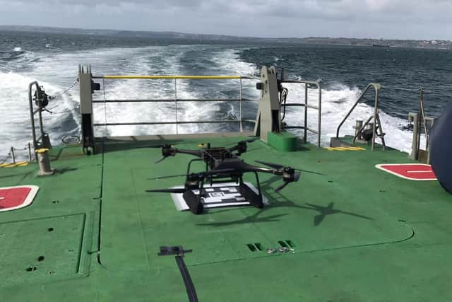 The Minerva T-80 drone has been tested by the Royal Navy in Portsmouth. The tech could one day be used to help rescue sailors that fall overboard. Photo: Royal Navy