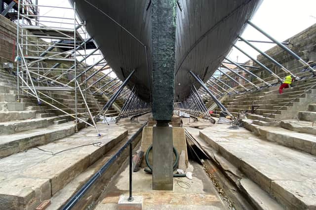 HMS Victory viewed from rudder in June 2020 while the new supports were installed.
