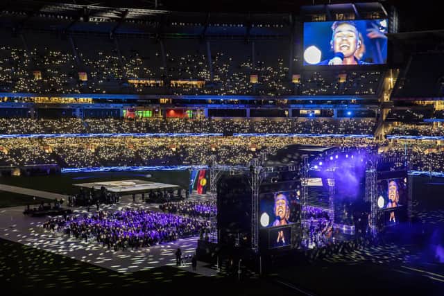 A general view of the MCG during the state memorial service for Shane Warne at the Melbourne Cricket Ground . Photo by Sam Tabone/Getty Images.