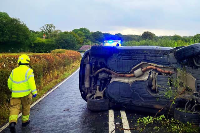 Picture taken with consent from the Twitter feed of PC Tom Van Der Wee showing the aftermath of a single-vehicle collision on the B2135 near Partridge Green. Picture: PC Tom Van Der Wee/PA Wire