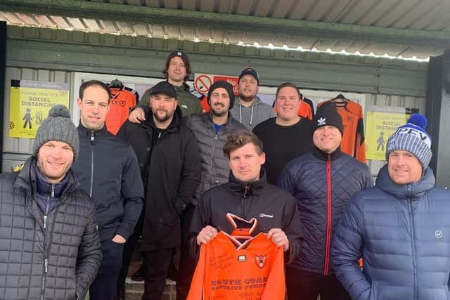 Wicor Mill Royals players past and present, who were all in the same year together at Portchester School, pictured in the Steve Woods Stand at AFC Portchester's Crest Finance Stadium. From left - Peter Smith Luke James, Ben Janes, James Casey, Joe Waterman, Simon Francis, James King, Lewis Ashton, James Dickson, Stuart Long (front).