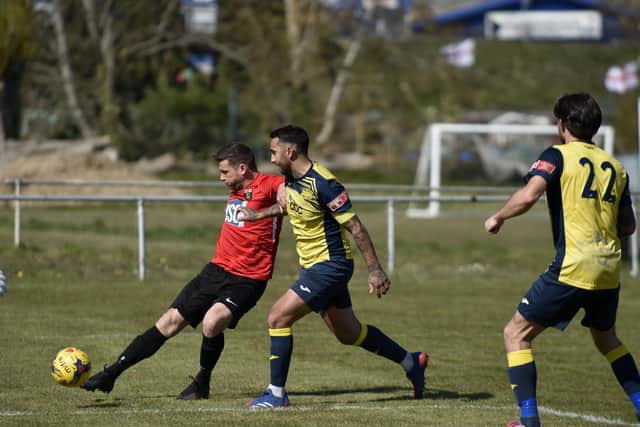 Gary Austin, left, took his seasonal tally to 10 with a brace in Fareham's 8-0 league win at Amesbury.
Picture: Allan Hutchings
