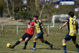 Gary Austin, left, took his seasonal tally to 10 with a brace in Fareham's 8-0 league win at Amesbury.
Picture: Allan Hutchings