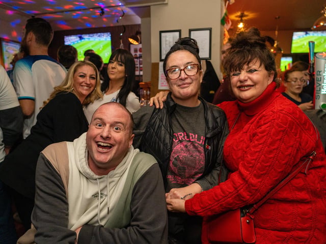 Leanne Thomas, Ciara Blake, Jon Wilkinson, Mary Irvine and Karla Price during the first half of England vs France at the Leopold Tavern in Southsea. Picture: Matthew Clark