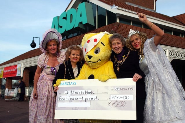 A great boost for Children in Need in 2003 and the people pictured helping Pudsey were, left to right, Pauline Harrison, Mayor Coun Linda Waggott, Mayoress Moira Smith and Tracey Tough.