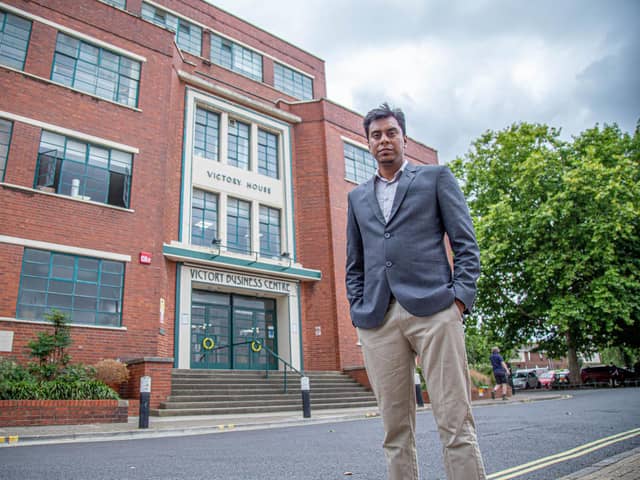 Azizul Rayhan got stuck in a lift at Victory Business Centre, Portsmouth, for seven hours on July 17. He described it as a horrifying experience, and added that his mental health has been severely impacted by the ordeal. Pictured: Azizul Rayhan pictured outside Victory Business Centre, Portsmouth on July 26, 2022. Picture: Habibur Rahman.