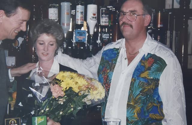 Northcote Pub in Southsea collects.
Pictured is: Lynn & Barry Kewell on the day they took over the Graham Arms in July 1996 from Lynn's mum & dad (Margaret and Bill Harris) with the Wadsworth area manager Mr Danny Williams.