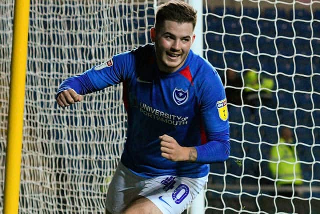 Brad Lethbridge celebrates scoring for Pompey at Oxford in the Leasing.com Trophy. Picture: Graham Hunt
