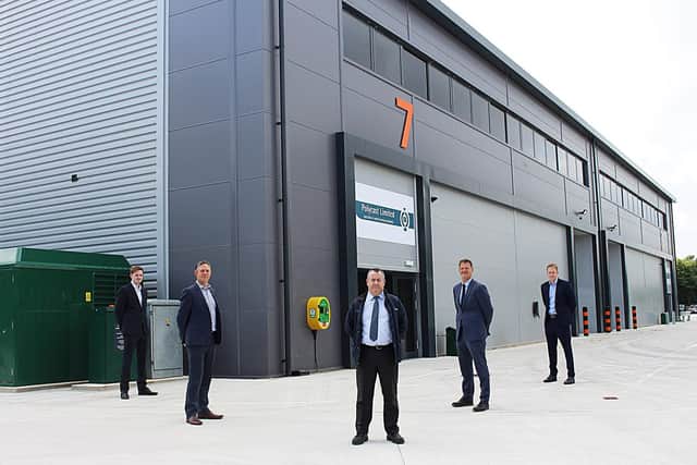 Oliver Sherriff and Nick Tutton (CBRE), Andrew Martin (Polycast), Russell Mogridge and Alex Gauntlett (Vail Williams) at Concorde Park in Segensworth 