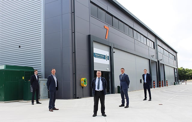 Oliver Sherriff and Nick Tutton (CBRE), Andrew Martin (Polycast), Russell Mogridge and Alex Gauntlett (Vail Williams) at Concorde Park in Segensworth
