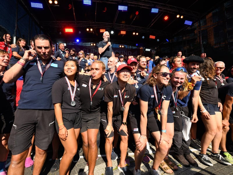 All the crew members gather on the stage after finally finishing the mammoth race.Picture: Keith Woodland (270721-246)