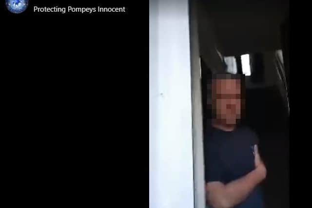 A still from a video made by paedophile hunters Protectng Pompeys Innocent as they doorstepped an alleged child groomer