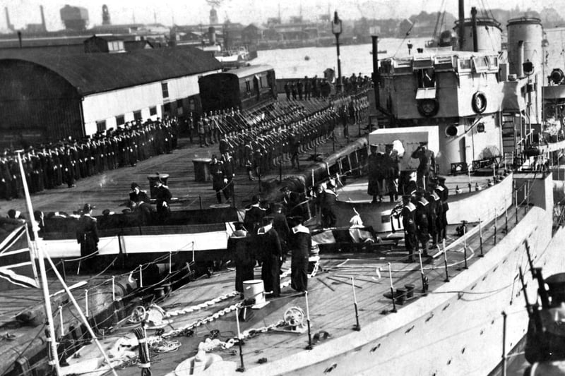 Repatriation of 1st Baron Rawlinson
HMS Torbay arrives at South Railway Jetty with the coffin of General Rawlinson in 1925. Picture: Robert James collection.