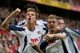 Andres D'Alessandro, right, celebrates his goal in Pompey's 2-1 defeat at Charlton in April 2006.   Picture: Jamie McDonald/Getty Images