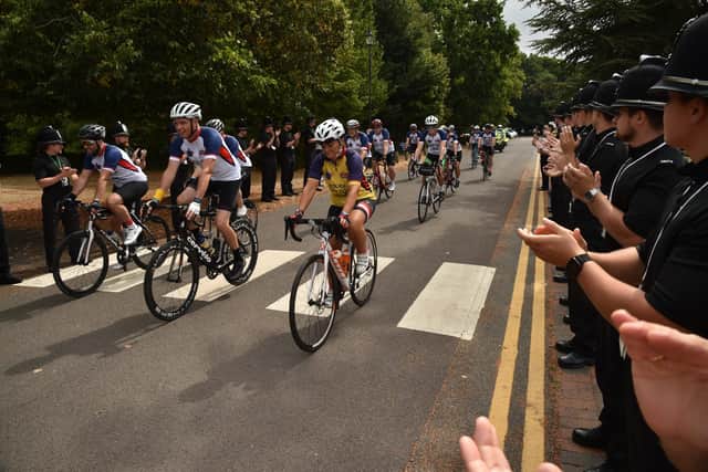Hampshire Police officers and staff taking part in the Unity cycle race event, a 220-mile charity bike ride raising money for families of those who have died in the line of duty.