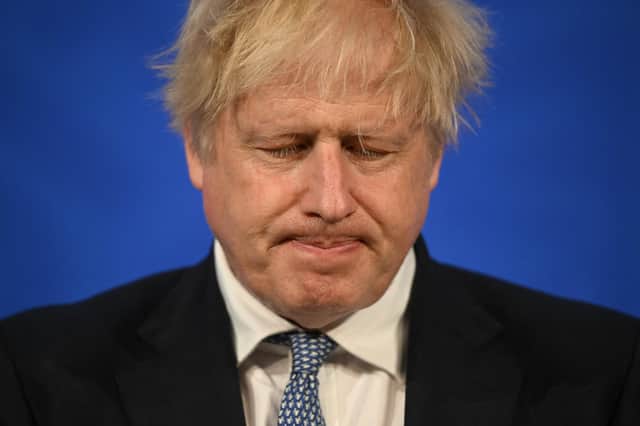 Prime minister Boris Johnson speaks during a press conference in Downing Street, London, following the publication of Sue Gray's report into Downing Street parties in Whitehall during the coronavirus lockdown.