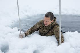 Pictured is Honorary Colonel Bear Grylls OBE conducting  ice breaking drills with the Royal Marines at Skjold training area