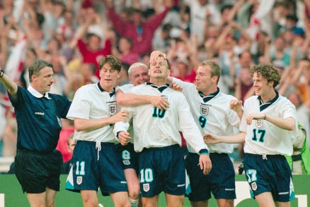Flashback to Euro 96 - Darren Anderton (left) and Paul Gascoigne (second left) celebrate with goalscorer Teddy Sheringham, Alan Shearer and Steve McManaman after a goal against Holland at Wembley. Photo by Stu Forster/Allsport/Getty Images.