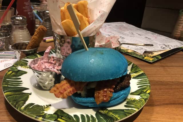 The Blue Raptor burger at Jurassic Grill