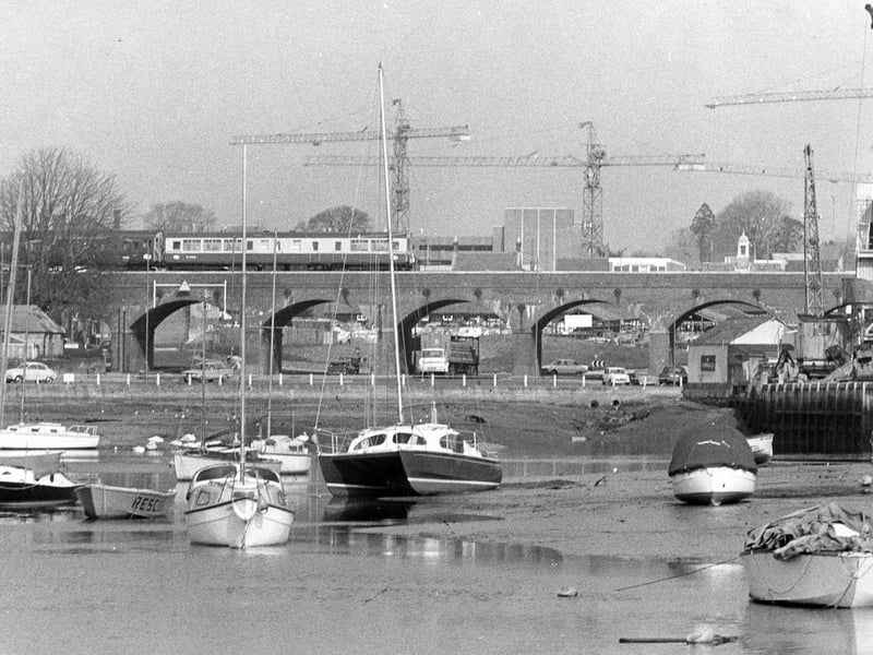 Fareham Creek with a train passing along in March 1974. The News PP4539
