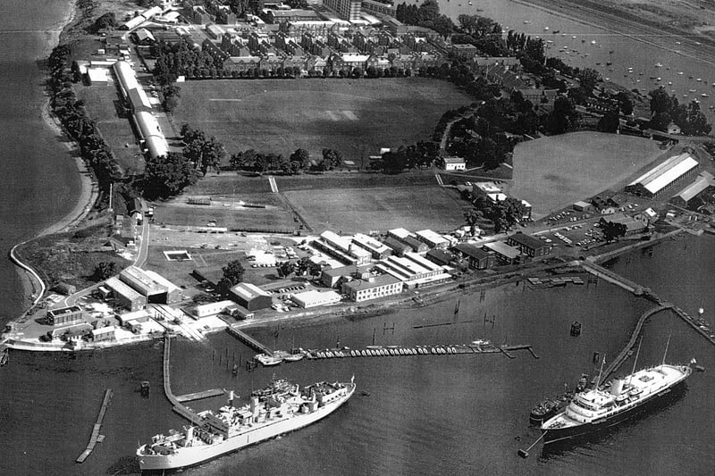 Pic Brian Small. HMS Excellent, Whale Island in 1970s. Bottom right at her mooring is the Royal Yacht Britannia where she was always located when not in use.
The grey ship to the left is HMS Rame Head. She was a training ship later followed by HMS Bristol which still uses the birth to this day.
Just above the playing field are the barrack block

 Pic: Brian Small
