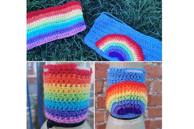 Mum and daughter duo Holly and Elsie Mitchell, four, have been putting out 'yarn bomb' creations to cheer up children heading to St John's CE Primary School in Gosport. Pictured: A selection of rainbow creations