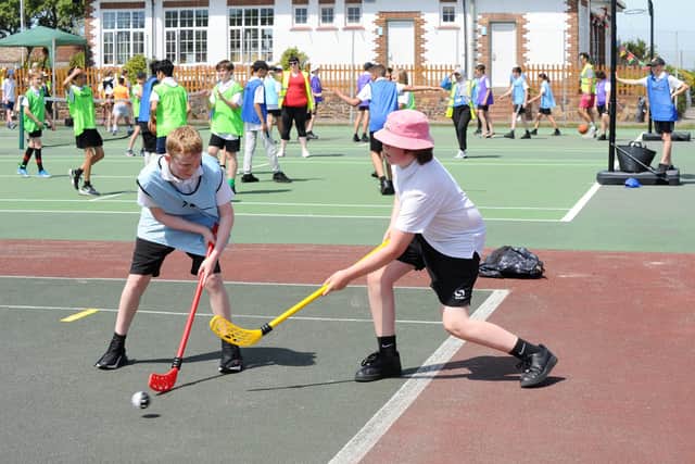 The Priory School Year 7s playing floorball. Picture: Sarah Standing (160622-6860)