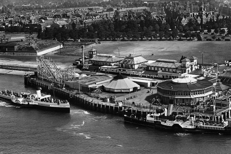 Clarence Pier. Two Paddle steamers, the Lorna Doone to the left with a wonderful view of the Clarence Pier complex as it was in 1939