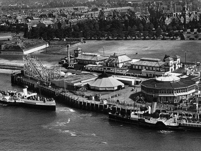 Clarence Pier. Two Paddle steamers, the Lorna Doone to the left with a wonderful view of the Clarence Pier complex as it was in 1939