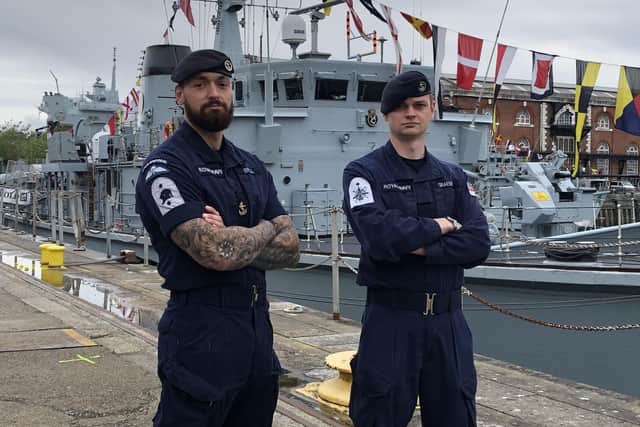 Leading Diver Michael Bell, 30, of Newcastle and Chichester lad ET(WE) Ed Graeme, 27, on his first deployment with HMS Chiddingfold. Picture: Tom Cotterill