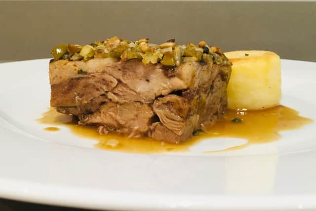 Pressed shoulder of lamb with sunflower seed and capers by Lawrence Murphy.