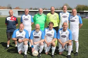 Havant & Waterlooville's walking football team. Back (from left) Barry Ingram, Nigel Shelley, Malcolm Binns, Kevin Wallis, Howard Payne. Front: Kevin Wallis, Marty Fuller, George Ormandy, Malcolm Binns. Picture by Dave Haines