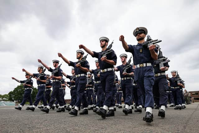 The Royal Navy State Ceremonial Team are putting Royal Navy Personnel through their paces at HMS Collingwood in Fareham, ahead of the Queen's Platinum Jubilee Pageant in London on Sunday