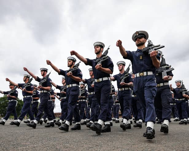 The Royal Navy State Ceremonial Team are putting Royal Navy Personnel through their paces at HMS Collingwood in Fareham, ahead of the Queen's Platinum Jubilee Pageant in London on Sunday