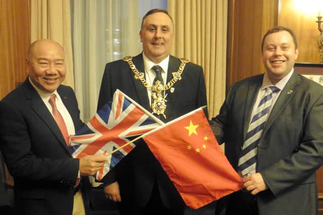 L-R: Albert Choi, Lord Mayor of Portsmouth Cllr David Fuller and Cllr Lee Mason during a visit to China