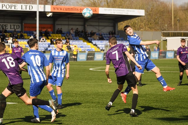 Action from the Portsmouth Youth League U15 Challenge Cup final between Bedhampton Youth (blue and white kit) and Gosport Falcons. Picture: Keith Woodland (190321-310)