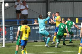 Joe Oastler heads Hawks'' final goal in their 5-1 pre-season friendly win against Moneyfields. Picture by Dave Haines.