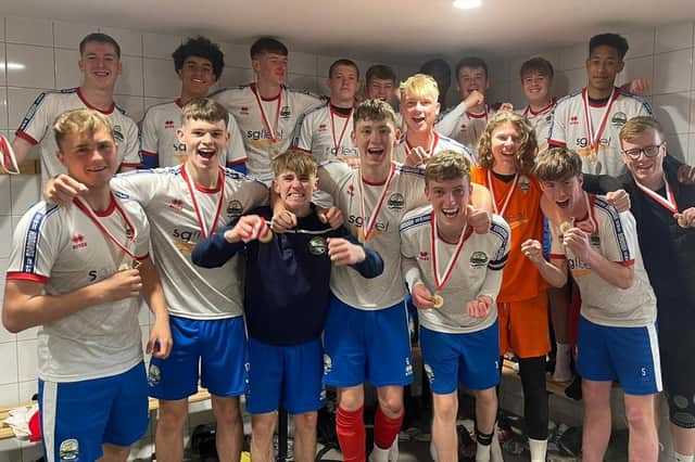 St Vincent College students celebrate after landing a second consecutive Hampshire Sixth Form Colleges League and Cup double