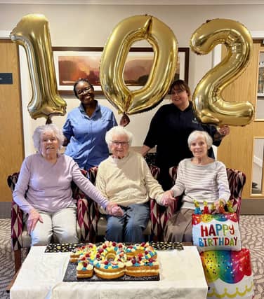 Alice Hale (Lal) celebrating her 102nd birthday with Sheila Bartlett Elaine Finney Portia Chimba and Chloe Billing