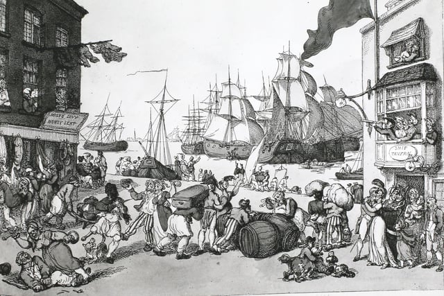 Sailors on shore leave at Portsmouth Point with their ships in the background, circa 1800. By Thomas Rowlandson. (Photo by Hulton Archive/Getty Images)