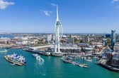 The teams preparing to leave under the Spinnaker Tower.