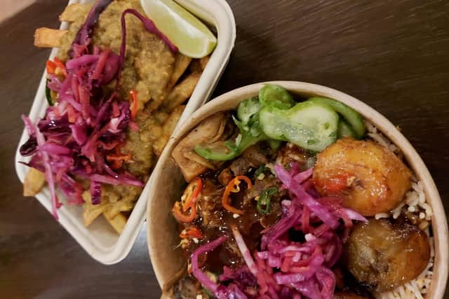 The Nattys vegan box meal with jerk jackfruit and Nattys vegan pon fries loaded with ital curry from Natty's Jerk in Commercial Road