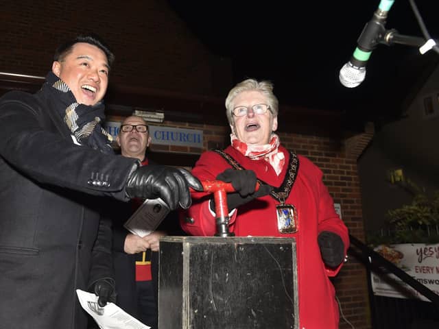 Emsworth Christmas lights were switched on in St Peter's Square on Friday, December 1, 2023. 

Pictured is: MP Alan Mak and the mayor of Havant Rosy Raines.

Picture: Sarah Standing