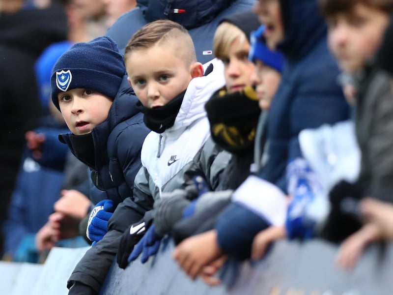 Young Pompey fans prior to the League One game at Gillingham in November 2021. Photo by Jacques Feeney/Getty Images