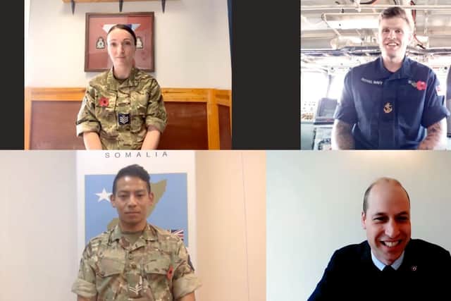 Prince William pictured with troops during a Zoom video call. Photo: Royal Navy