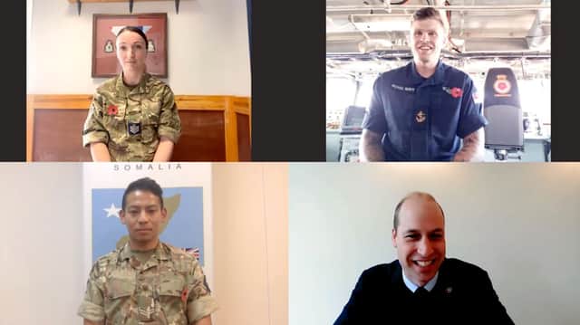 Prince William pictured with troops during a Zoom video call. Photo: Royal Navy