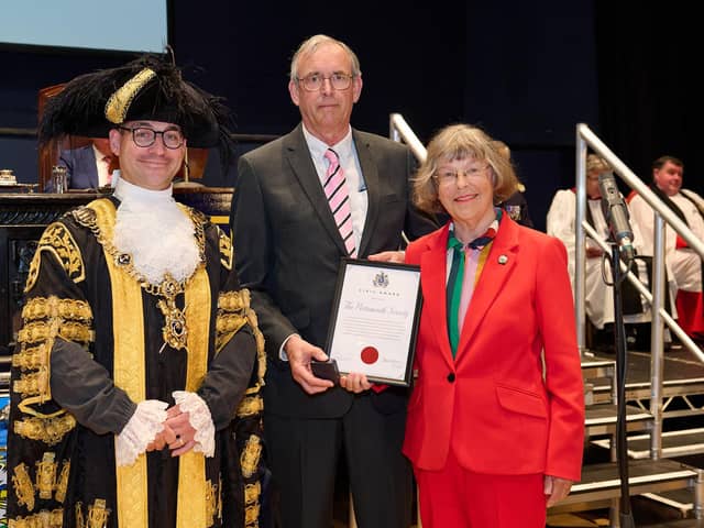 Mayor Making at Portsmouth Guildhall in Portsmouth - Representatives of The Portsmouth Society receive a civic award from the new Lord Mayor Cllr Tom Coles (Picture: Vernon Nash)