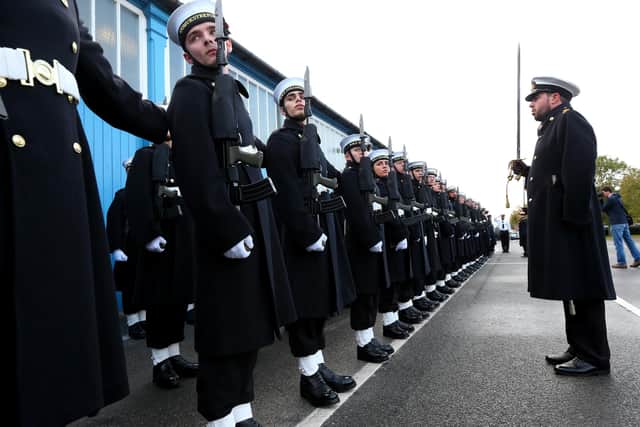 The Royal Navy's Ceremonial Guard in their final rehearsal for their duties at the Cenotaph in London, on Remembrance Sunday. They were photographed at Whale Island, Portsmouth
Picture: Chris Moorhouse   (jpns 101121-15)